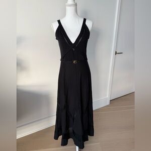 Versace Black Sleeveless V-Neck Midi Dress with Gold Medusa Belt & Sheer Hem